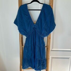 NWT! Aerie Pool to Party Flutter Sleeve Dress Blue Denim Texture Tier Mini Dress